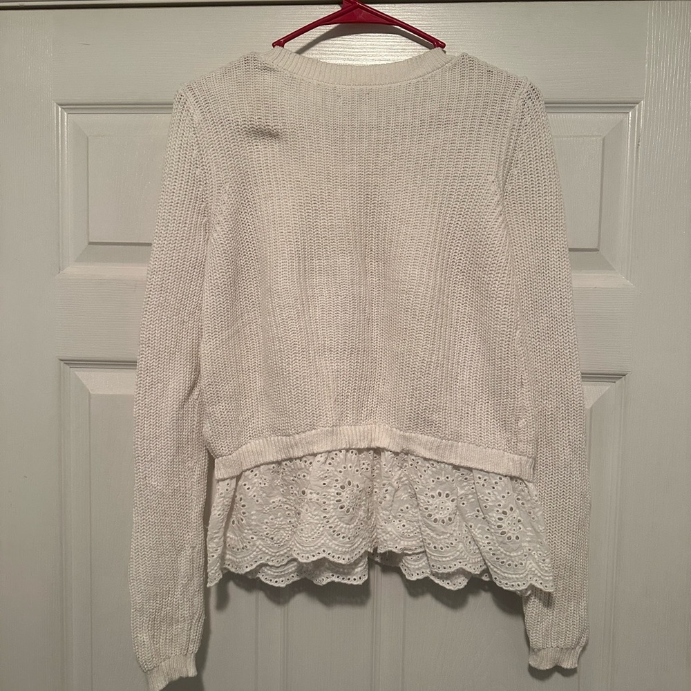 Aerie Cream Crew Neck Sweater with Lace Hem - Picture 2 of 2